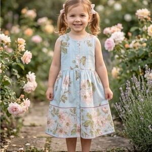 April Cornell Girls Size 2 Blue Floral Sleeveless Cotton Dress Cottagecore